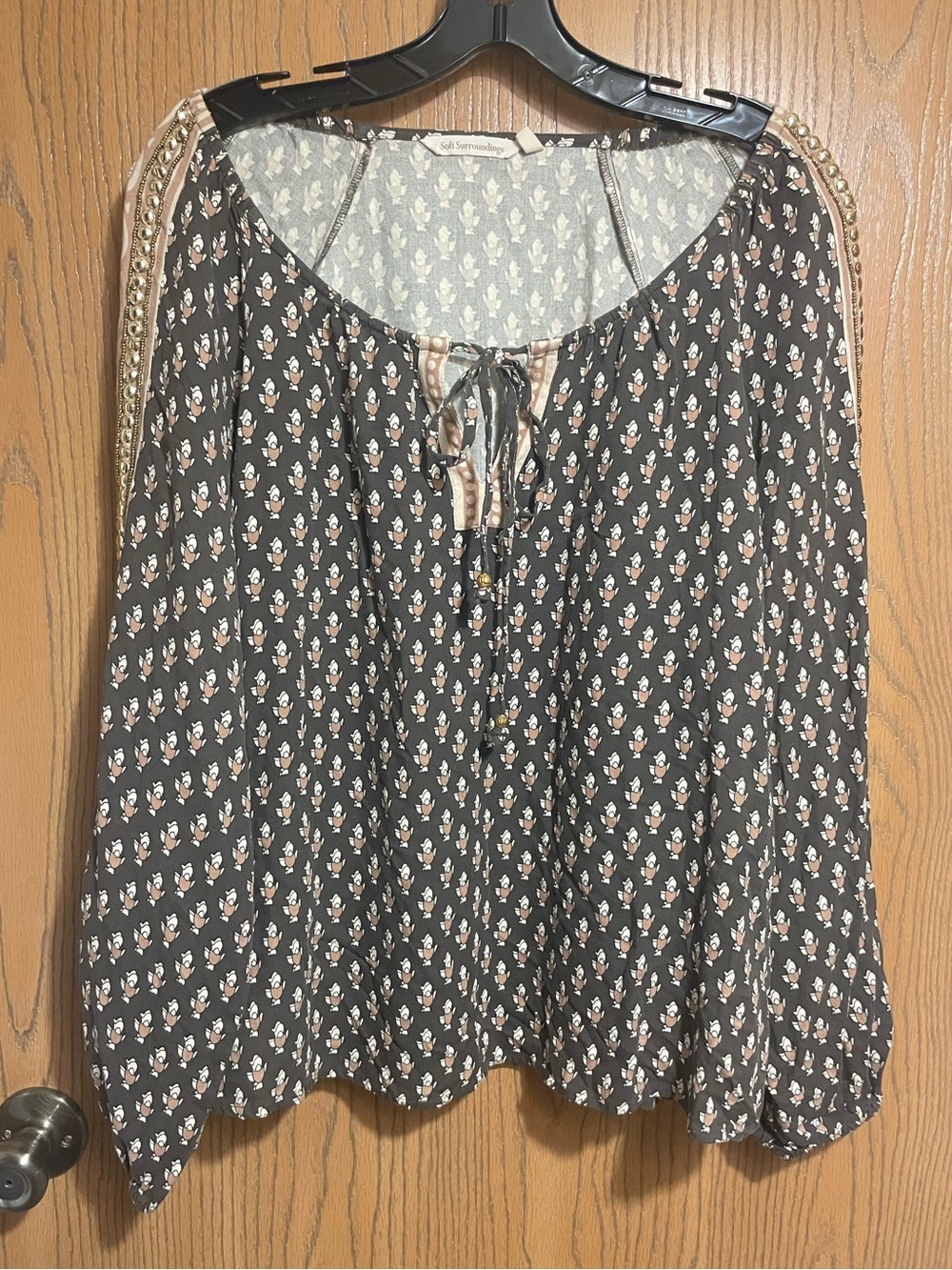 Black Printed Tunic with Tie-Neck and Beaded Arm Details